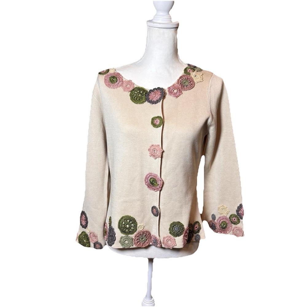 Covelo Silk Cotton Embellished Floral‎ Cardigan Medium Beige Crochet Trim